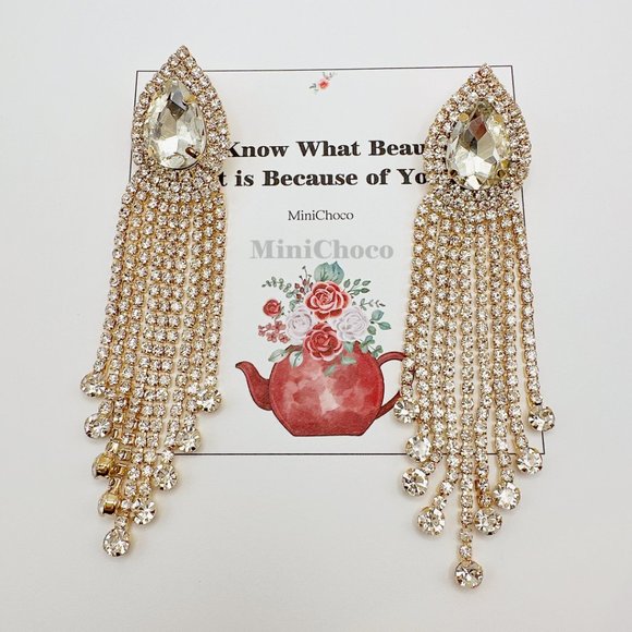 Gold Tone Rhinestone Pear Shape Button Fringe Drop Earrings - Picture 3 of 6